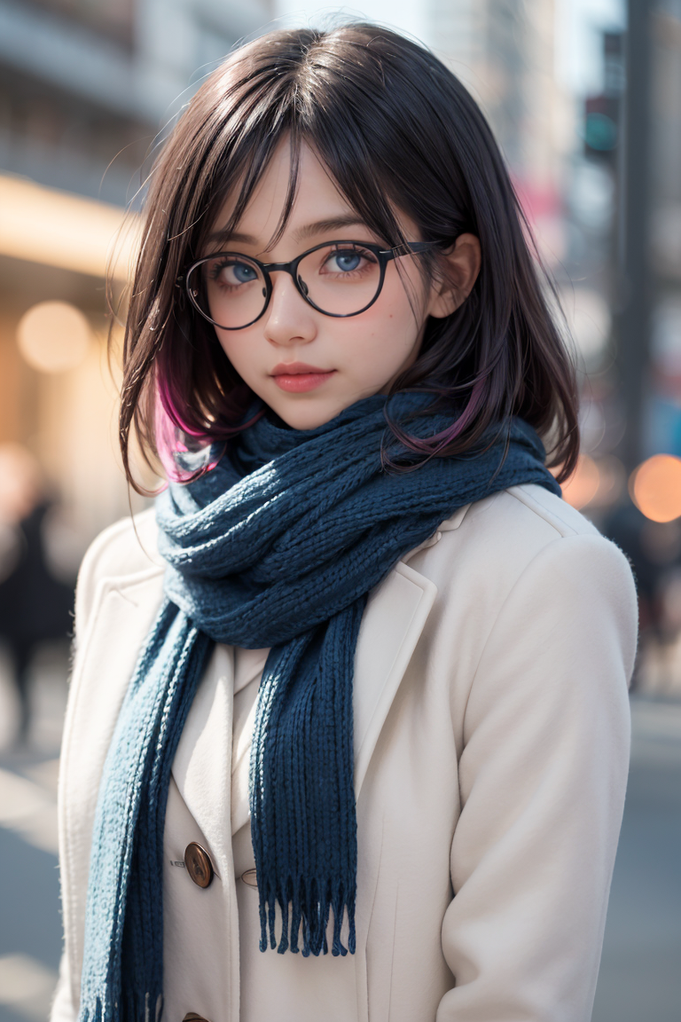1girl, blurry, blurry_background, blurry_foreground, bokeh, building, coat, depth_of_field, glasses, looking_at_viewer, mo...